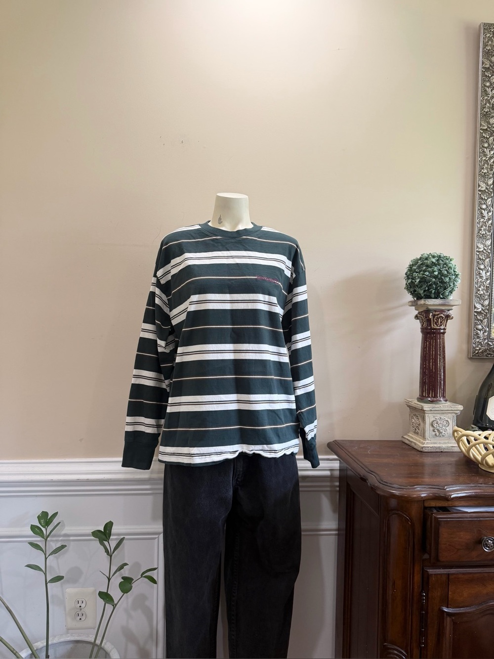Timberland Green and White Striped Long Sleeve Tee